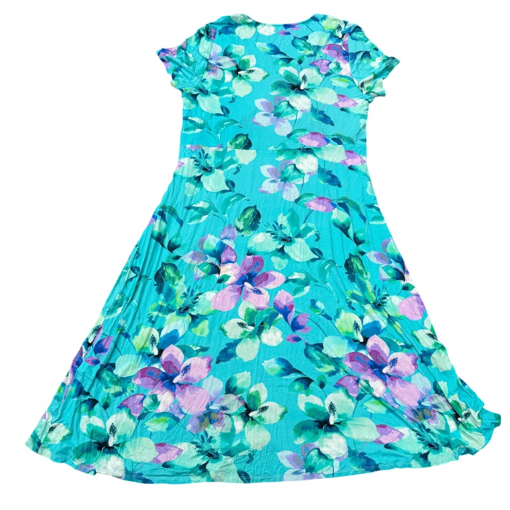 Soft Surroundings Womens 1X Aqua Floral Maxi Dress Ruched Short Sleeve Stretch - Picture 2 of 8
